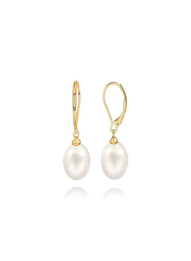 POTESSA Handpicked Pearl Dangle Earrings for Women 18K Gold Plated LeverBack Dangle Round White Shell Pearl Earrings - Image 1